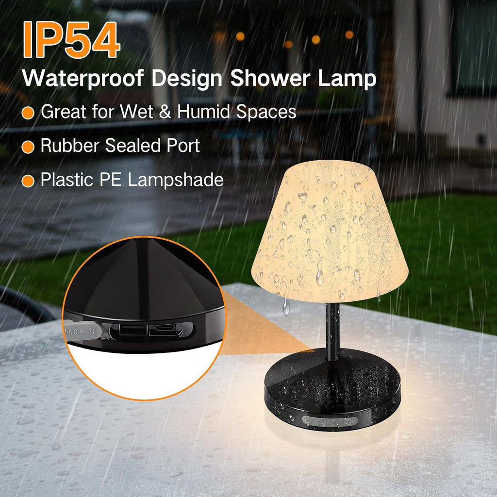 OUTON Rechargeable LED Shower & Table Lamp, Waterproof, USB Output, Stepless Dimming, 3 Colors, Power Indicator, Memory Function, Battery Operated Light for Home, Bathroom, Patio & Outdoor (Black)