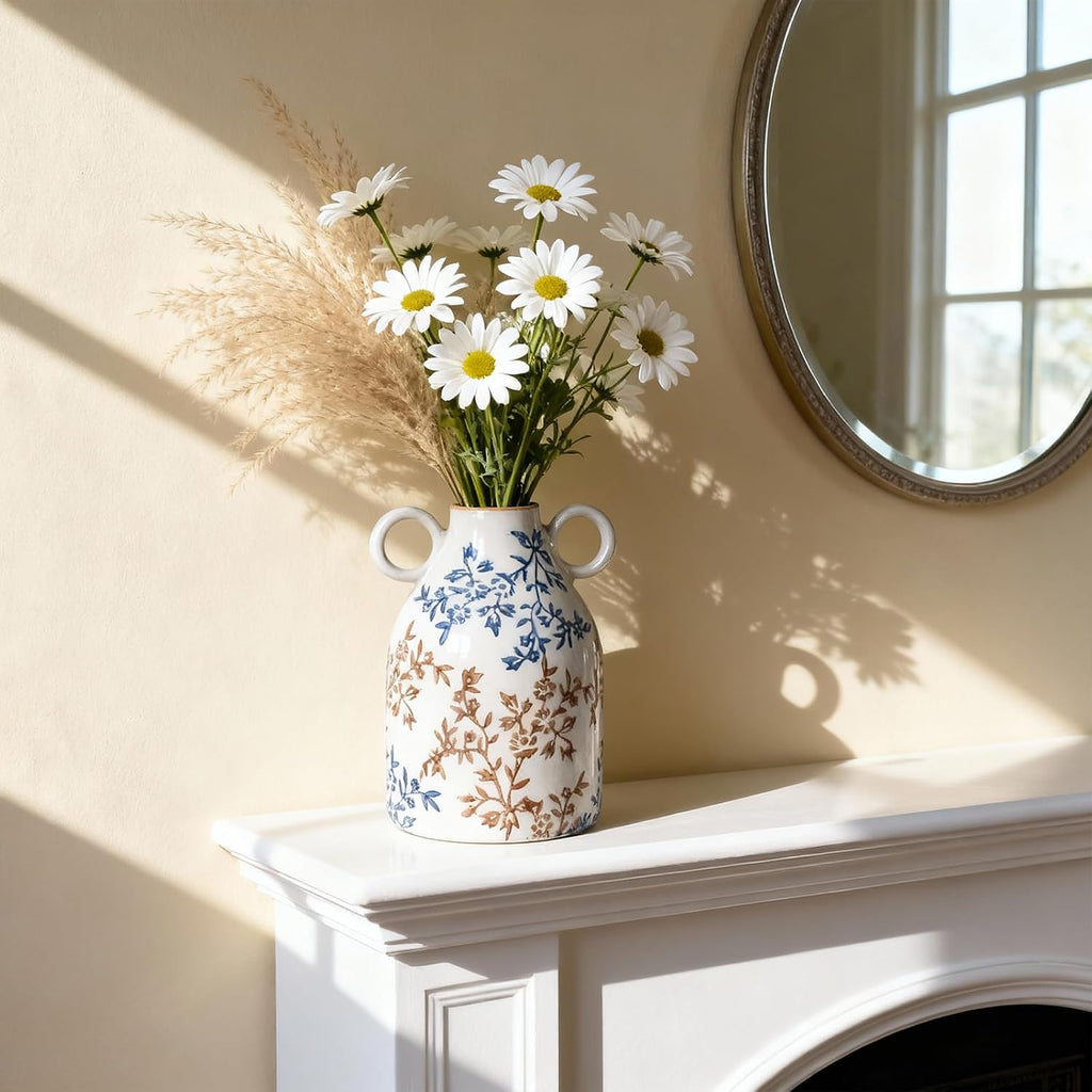Blue Floral Ceramic Vase with Handle, Nordic Boho Small Vases Side Table Flower Centerpiece, Wide Mouth Single Flower Vase Pampas Grass Decorative - for Home Window Sill Living Dining Room Kitchen