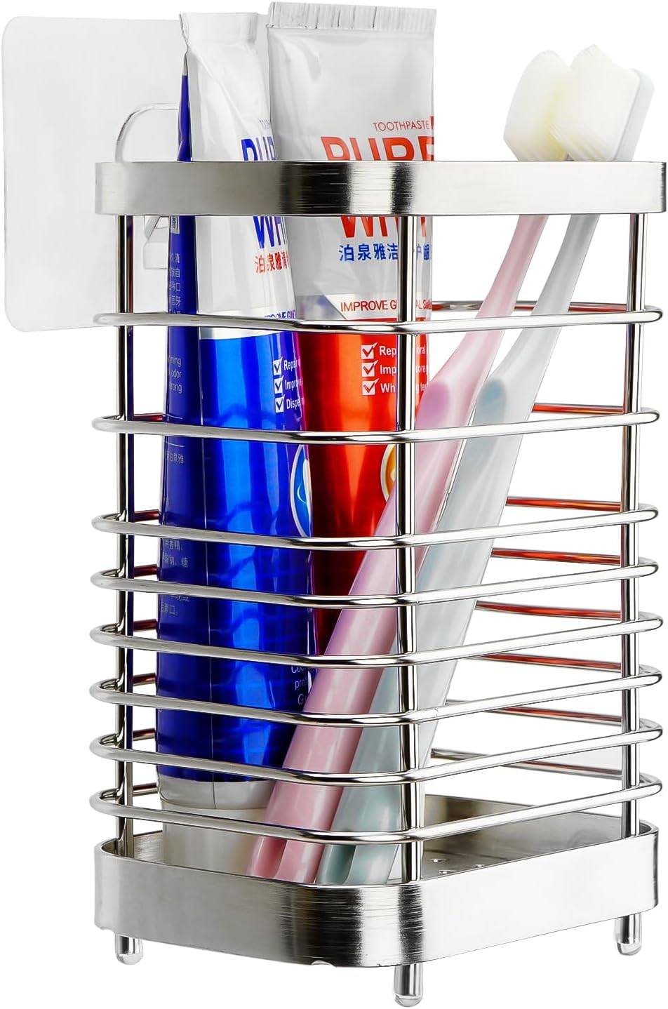 Wall Mount Toothbrush Holder for Bathroom, Stainless Steel Rustproof Toothbrush and Toothpaste Holder Organizer, Electric Toothbrush Holder Self Adhesive Wallmount/Countertop Organizer(Silver)