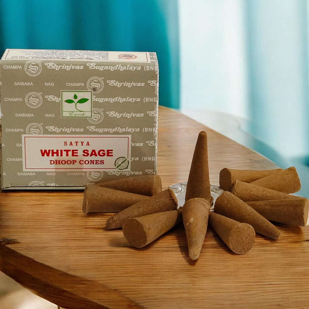 Satya Nag Champa Incense Cones for Meditation and Yoga, 48 Pieces, 4 Packs (Incense Dhoop Cones, White Sage)