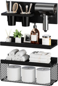 Puricon Floating Bathroom Shelves with Hair Dryer Holder, 3-Tier Rustic Wood Wall Mounted Organizers Set, Space Saving Over-Toilet Storage and Home Decor Hanging Rack -Black