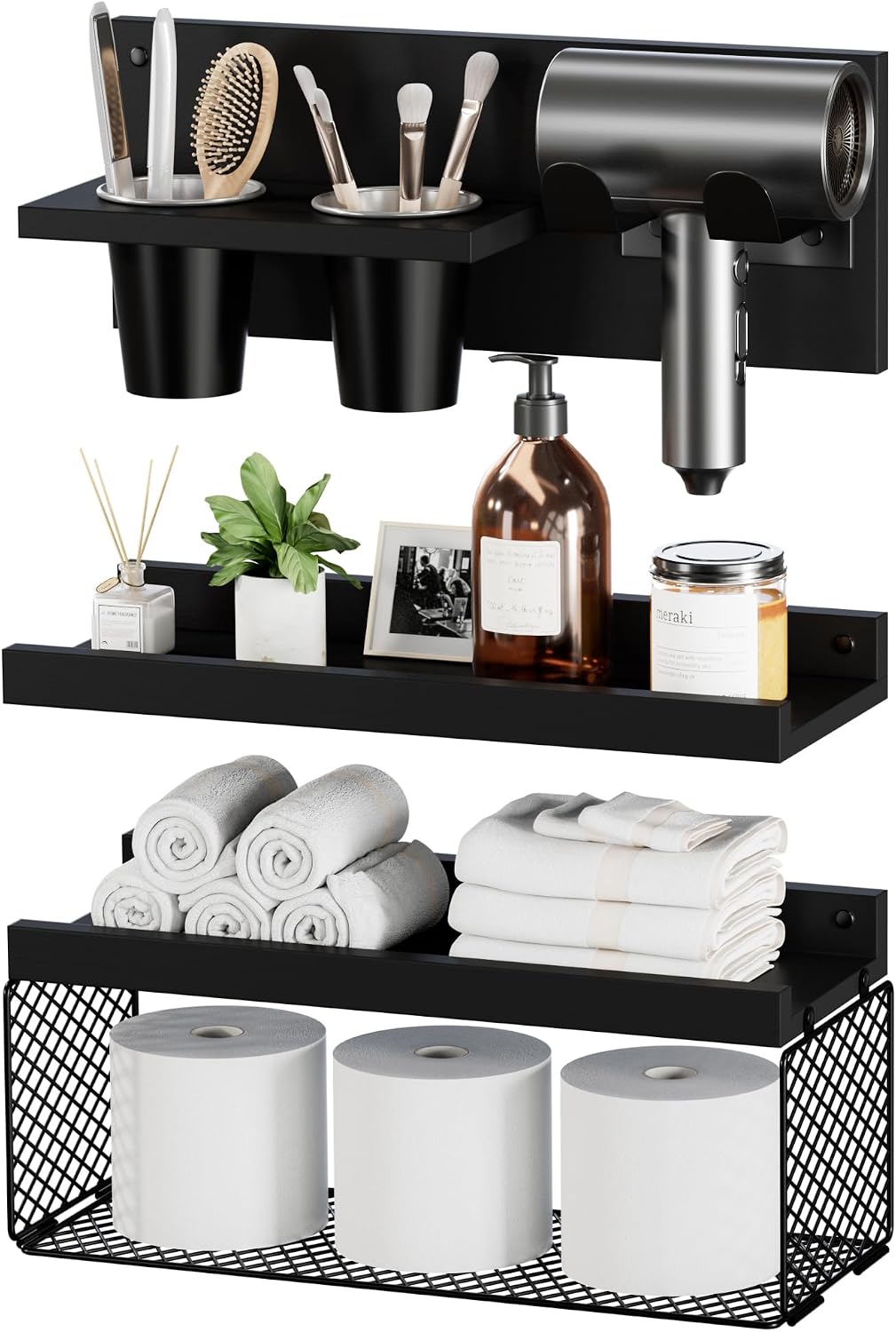 Puricon Floating Bathroom Shelves with Hair Dryer Holder, 3-Tier Rustic Wood Wall Mounted Organizers Set, Space Saving Over-Toilet Storage and Home Decor Hanging Rack -Black