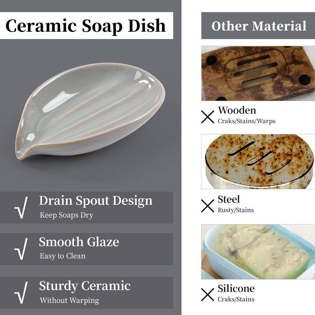 Soap Holder, Self-Draining Soap Dish, Leaf Shape Ceramic Bar Soap Holder Drain Soap Dishes for Bathroom Sink Kitchen, Easy to Clean Keeps Soap Dry, ANTIS'S HOME