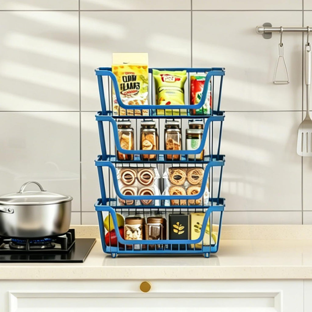 4 Pcs Stackable Wire Baskets for Pantry Organizers and Storage,blue,