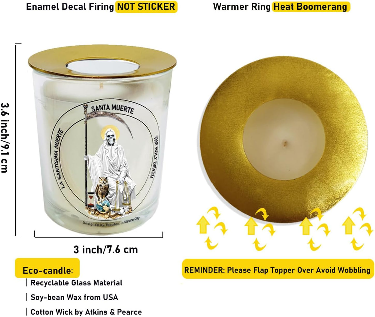 White Santa Muerte Unscented Prayer Soy Candle 50H with Warmer Ring