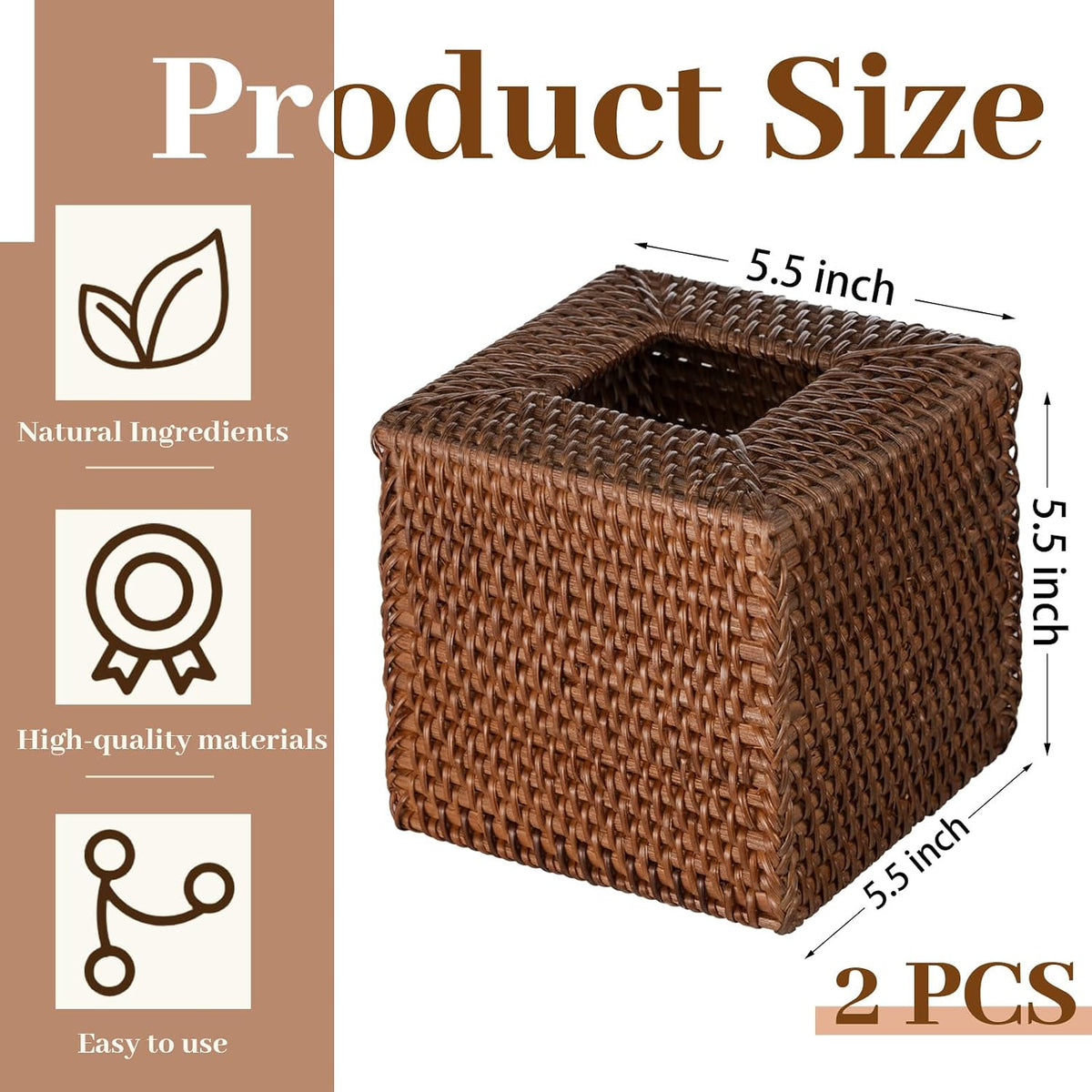 Kigley 2 Pcs Square Rattan Tissue Box Cover Boho Wicker Tissue Cube Box Cover 5.5'' x 5.5'' x 5.5'' Decorative Natural Wicker Hand Woven Napkin Box Holder Bathroom Office Car Accessories (Brown)