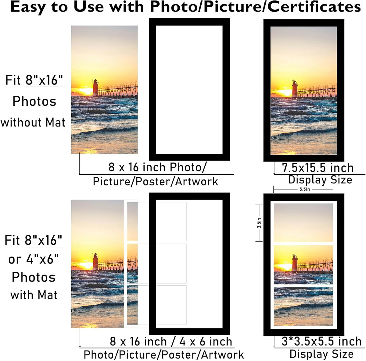 JCJMY 8x16 Collage Picture Frame with Mat Set of 2, Display 3 Pcs 4x6 Photos or 8x16 Picture, Three Opening 4x6 Picture Frame Collage for Wall Hanging or Tabletop, 2 Pack, Black