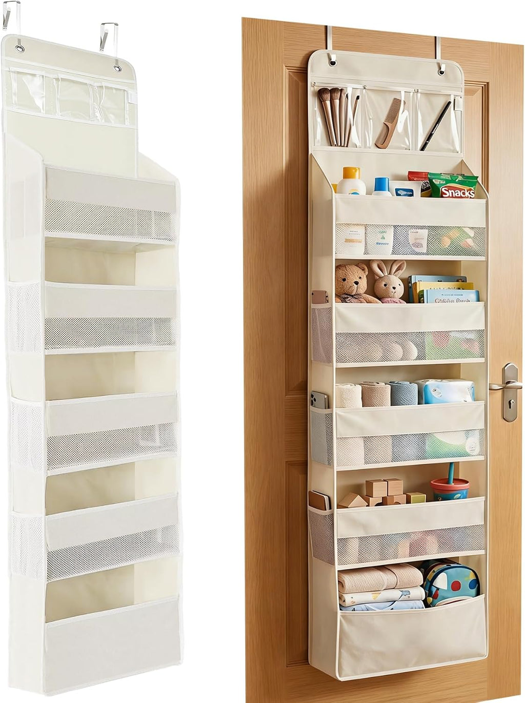 Over the Door Organizer, Door Storage Organizer with Large Capacity Pockets, Hanging Shelves for Bedroom, Closet, Dorm, Pantry (Beige, 6-Tier)