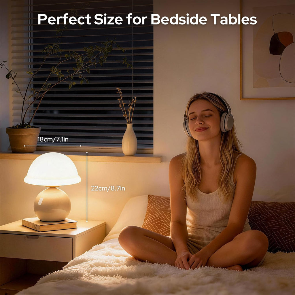 Glass Mushroom Lamp, Dimmable Bedside Table Lamp (White)