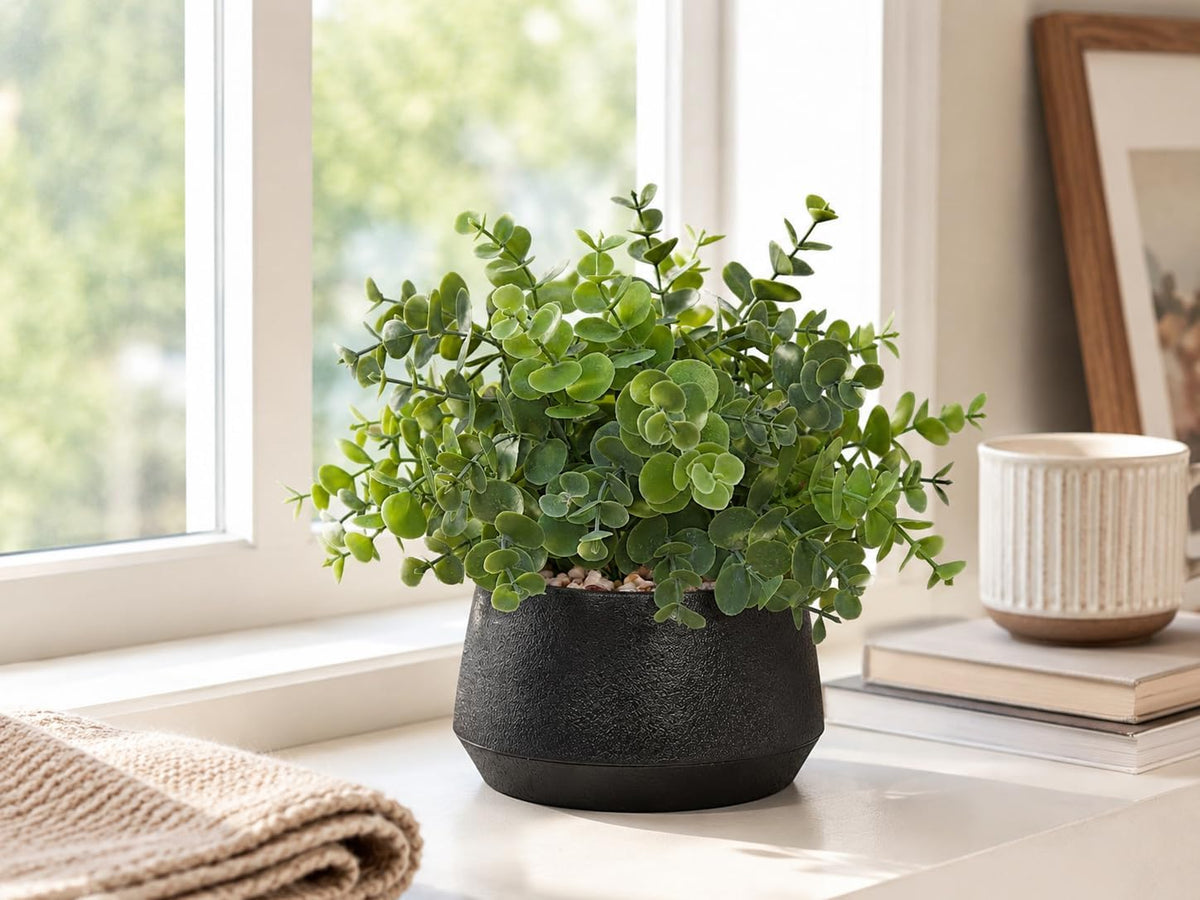 365 Blooming Decor Artificial Eucalyptus Plant–10.2"x11.4" Luxury Faux Potted Greenery in Black Textured Pot with Real Pebbles, Premium Material, No Assembly, Farmhouse, Coffee Table, Bathroom Decor//
