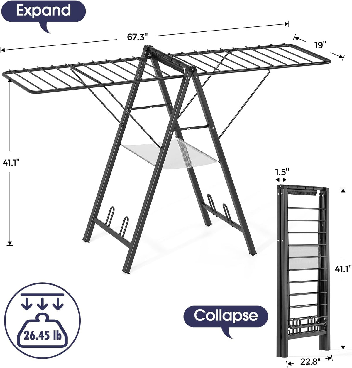 APEXCHASER Clothes Drying Rack, 67.3" L Height Adjustable, Foldable, Black