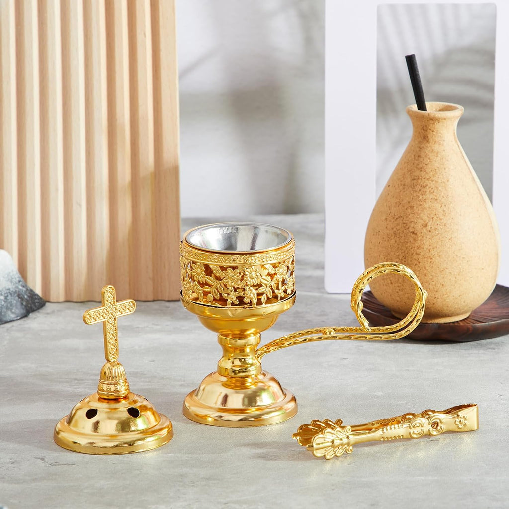 Zonon 2 Sets Incense Burner with Tong, Gold, Classic