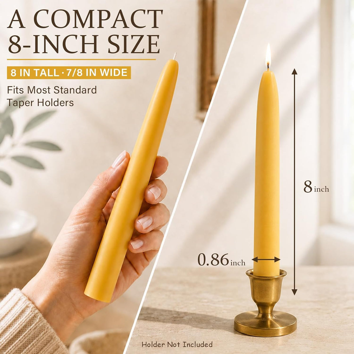 6 Pack 8 Inch 100% Pure Natural Beeswax Taper Candles