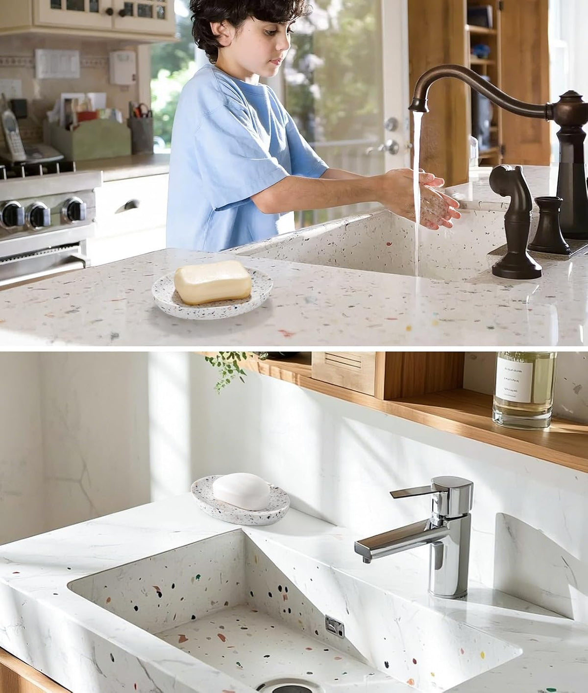 Luxspire Oval Soap Dish, Non-Slip Resin Holder with Drainage, Terrazzo