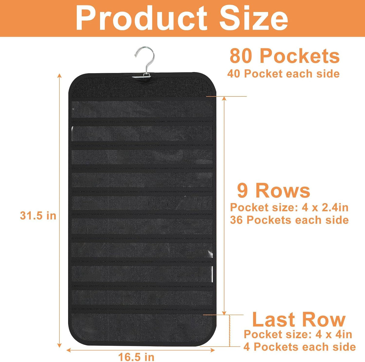 Hanging Jewelry Organizer, Black, 80 Pocket