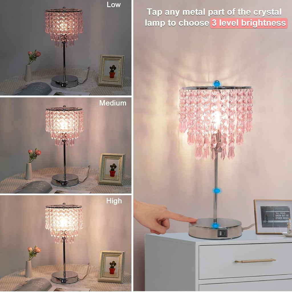 Touch Bedside Lamp with USB C+A Ports, Silver with Pink Crystal Shade