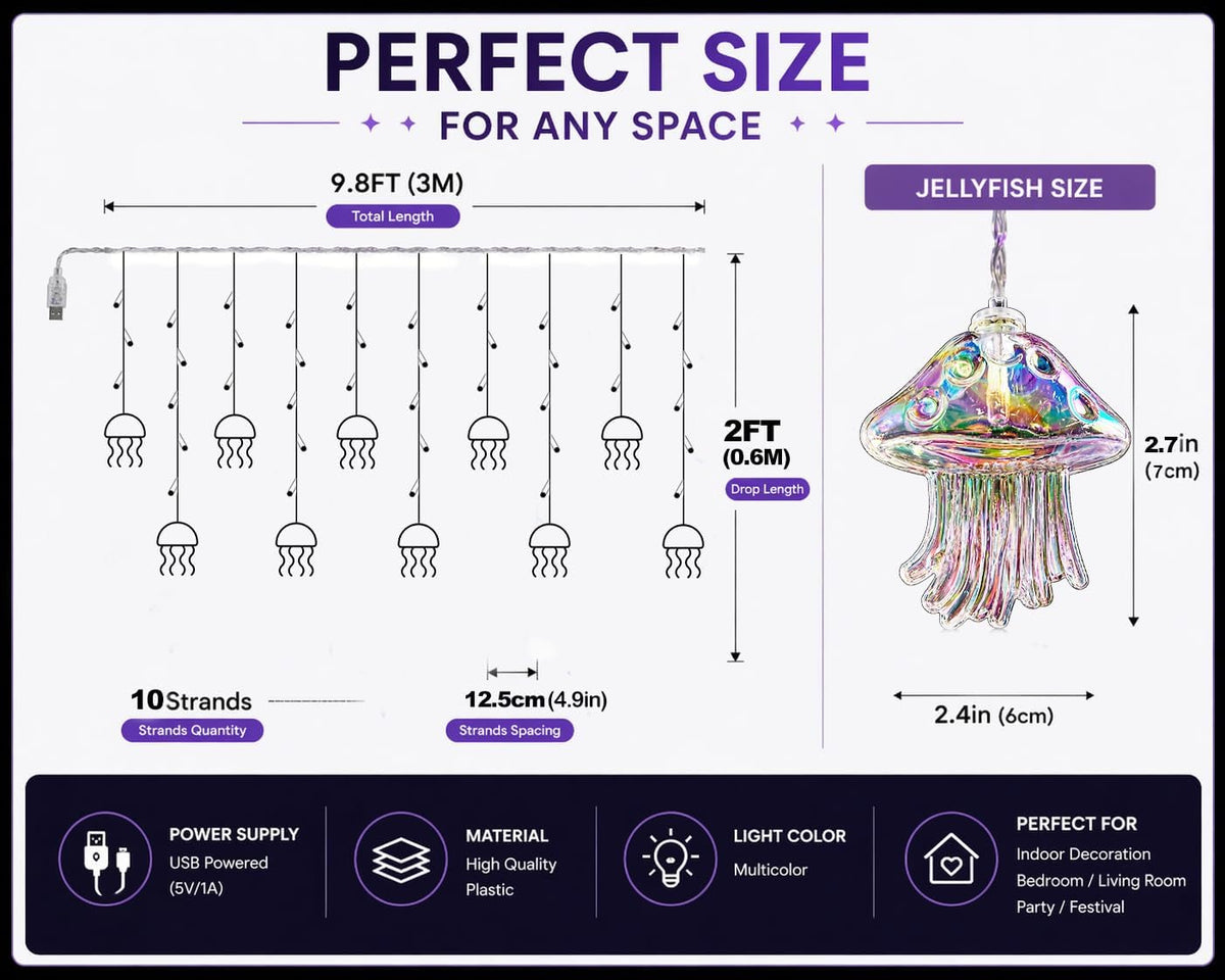 Jellyfish String Lights for Bedroom, USB Hanging Fairy Lights with Remote, Aesthetic Wall Decor Lights for Girls Room, Soft Ambient Lighting for Dorm, Bed, Window