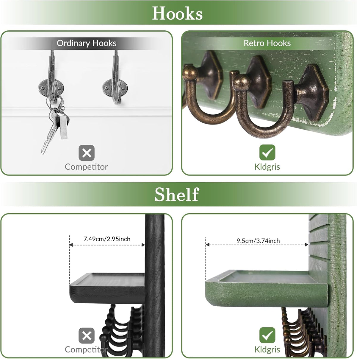 Key Holder for Wall, Mail Organizer Wall Mount with 8 Hooks Wooden Hanging Key Rack for Home Decor, Hallway, Entryway (Dark Green)