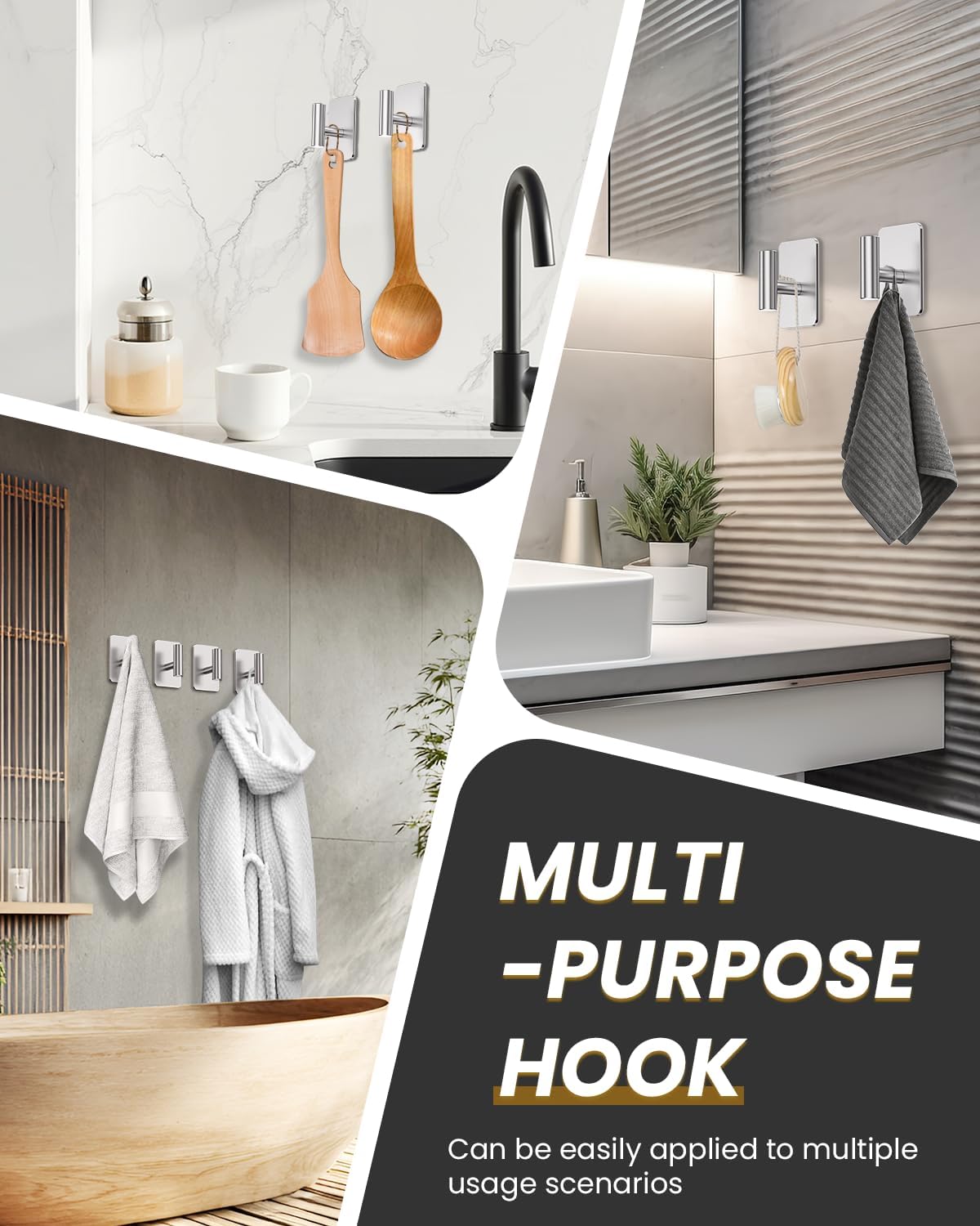 Heavy Duty Adhesive Hooks - 26lb Max, Sticky Wall Hooks Waterproof Stainless Steel for Hanging Towel, Coat, Robe, Towel Hooks Stick on Bathroom, Kitchen, Shower, Door (Silver, 4 Pack)