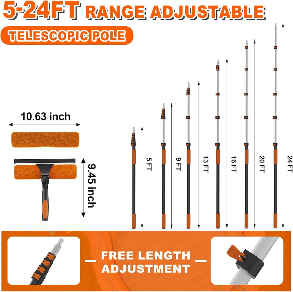 SISUPASSIE 30FT Reach 2-in-1 Window Squeegee, Professional Window Washing Kit with 5-24FT Extension Pole for Home, Indoor Outdoor Squeegee with Rotatable Head for High Windows