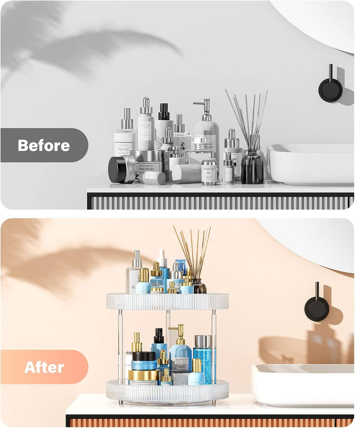 360° Clear Rotating Storage Tray, 2 Tier Lazy Susan Bathroom Countertop Organizer, Cosmetics and Perfume Organizer, Spinning Storage Tray Vanity Organizer Shelf for Bathroom Cabinet, Kitchen(Medium)