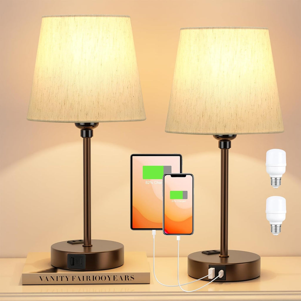 Brown Bedside Lamps Set 2 for Bedroom - Dimmable Touch, USB C+A, AC Outlet