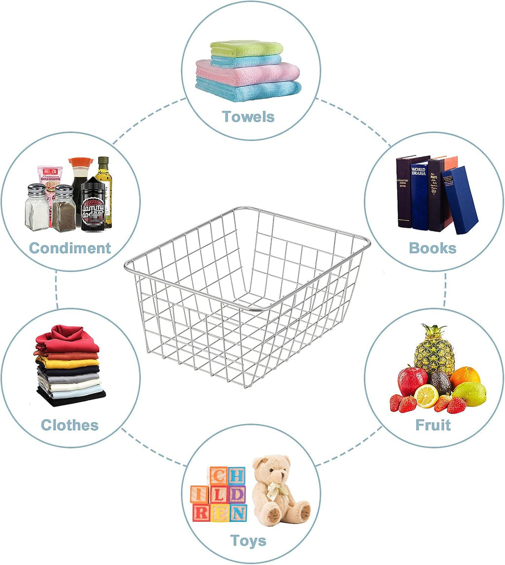 JUNCHU CHERRY Wire Kitchen Storage Basket 4 Packs,Perfect Pantry Organization Accessories Baskets,Laundry Basket,Countertop Organiztion,Suitable for Kitchen,Bathroom,Bedroom,Tabletop,Stackable,Silver