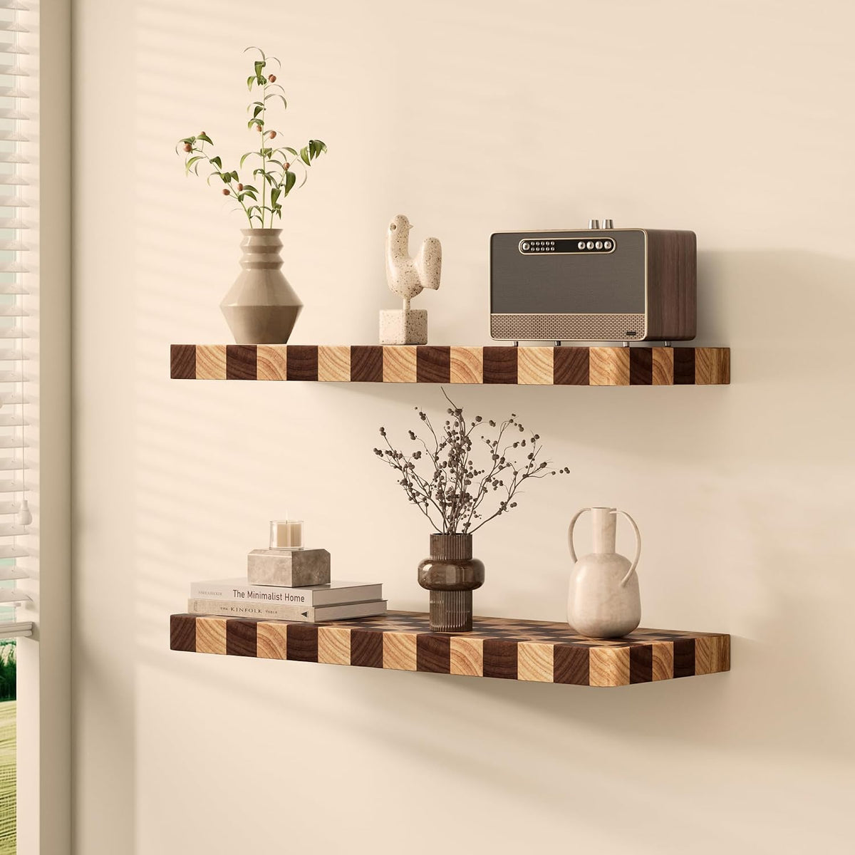Floating Shelves for Wall, 16 Inch Solid Wood Checkered Wall Shelves