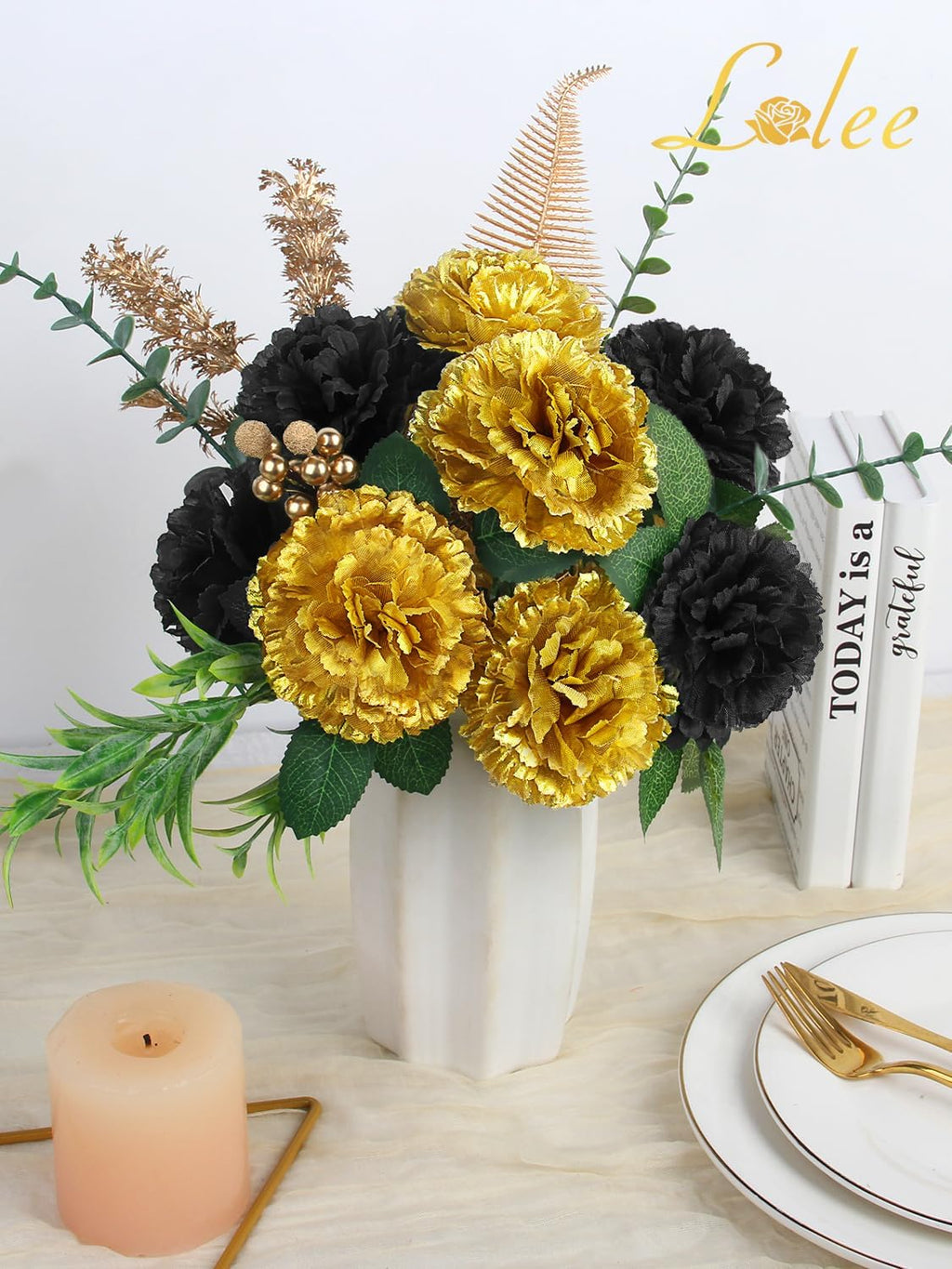 LELEE 108pcs Carnation Artificial Flowers Bulk, 3.5" Black Gold Carnations