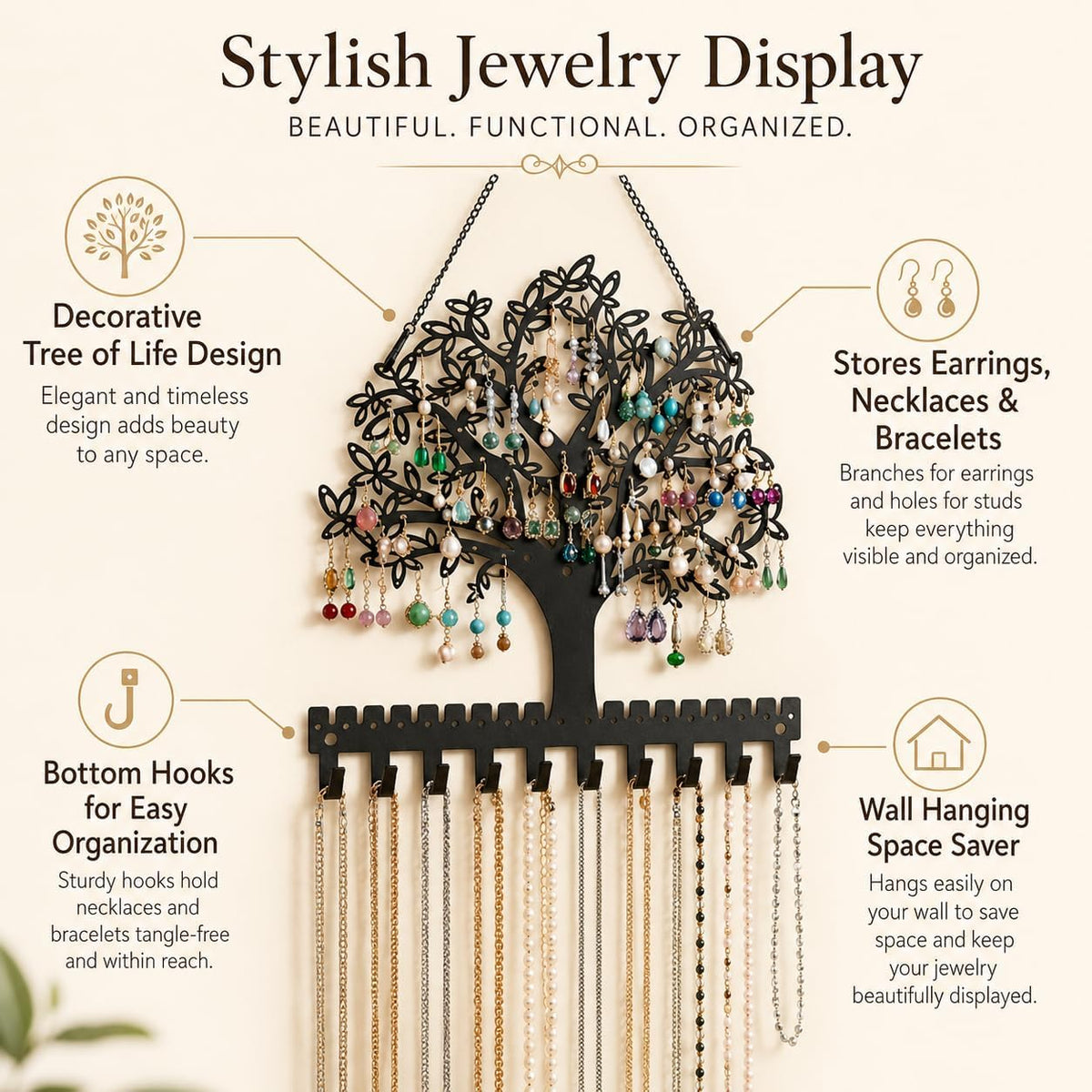 Jewelry Organizer Earring Holder Tree of Life Wall Mounted or Hanging Necklace and Bracelet Holder Metal Jewelry Display with Hooks for Studs Mother’s Day Gift for Women Mom Wife Daughter (Style1)