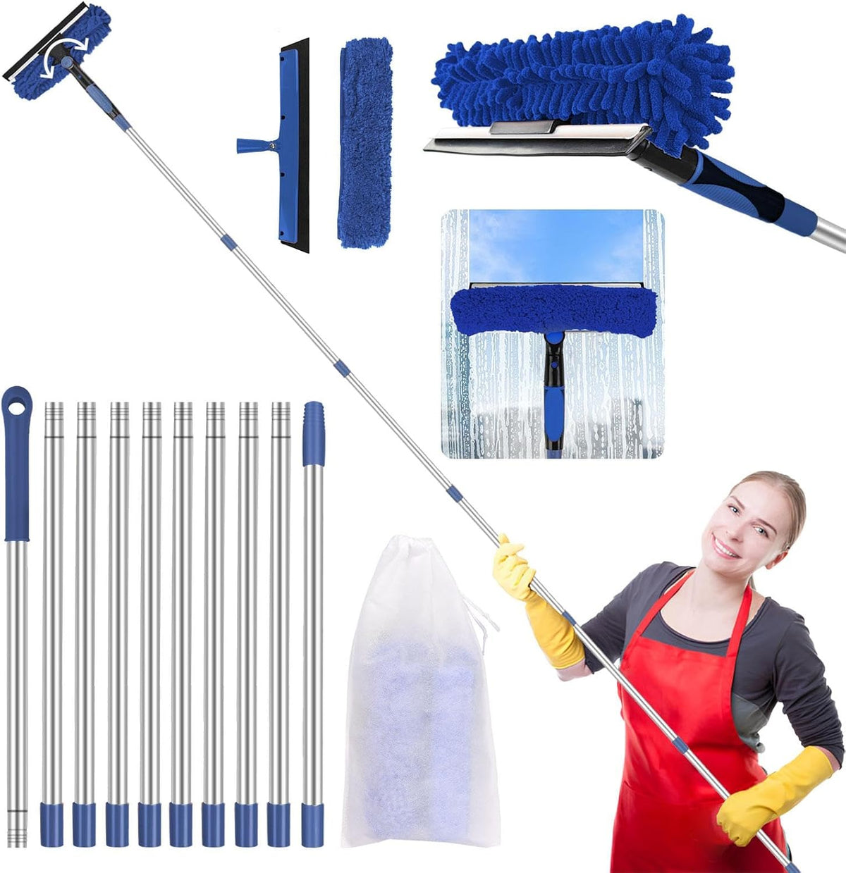 Window Washing Kit with Extension Pole: 3 in 1 Window Squeegee 20+ Ft Reach
