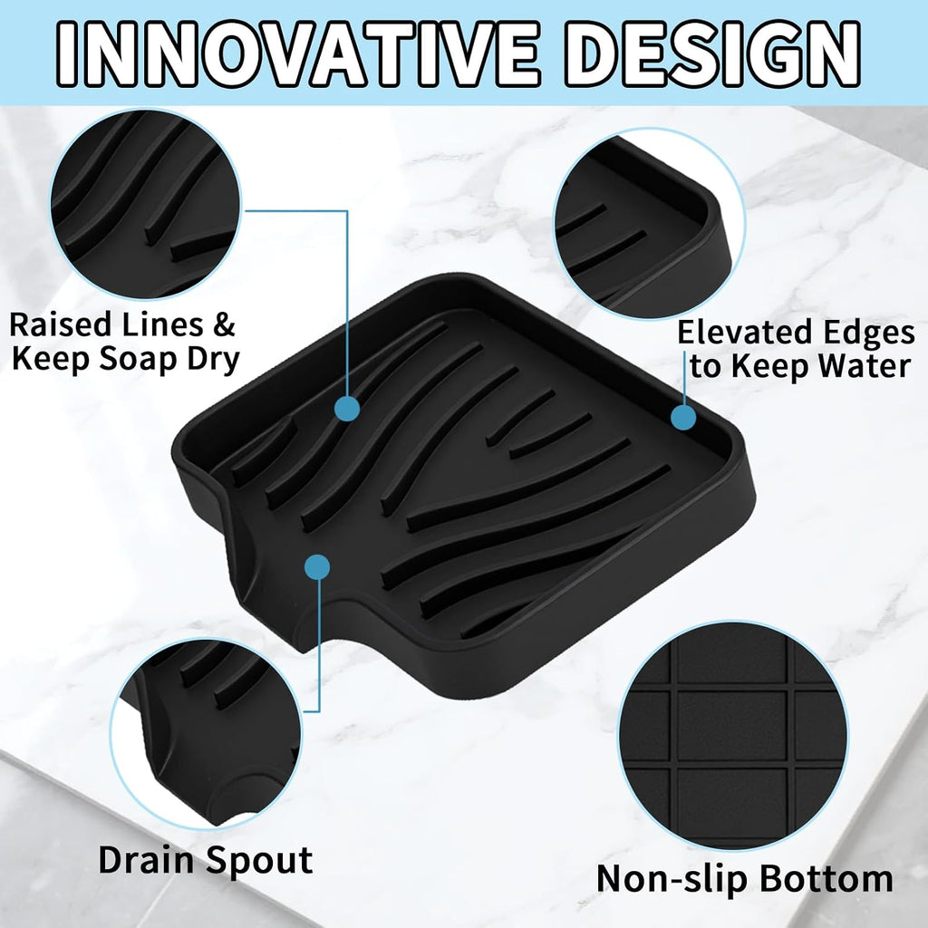 2 Pack Silicone Soap Dish with Drain, Self Draining Bar Soap Holder for Shower, Silicone Dish Soap Tray, Bathroom and Kitchen Sink Organizer, Black