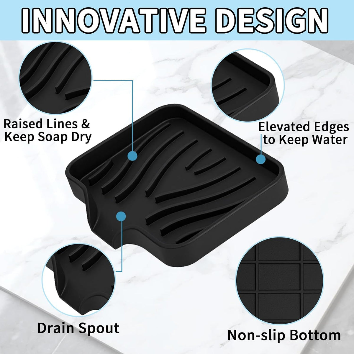 2 Pack Silicone Soap Dish with Drain, Self Draining Bar Soap Holder for Shower, Silicone Dish Soap Tray, Bathroom and Kitchen Sink Organizer, Black