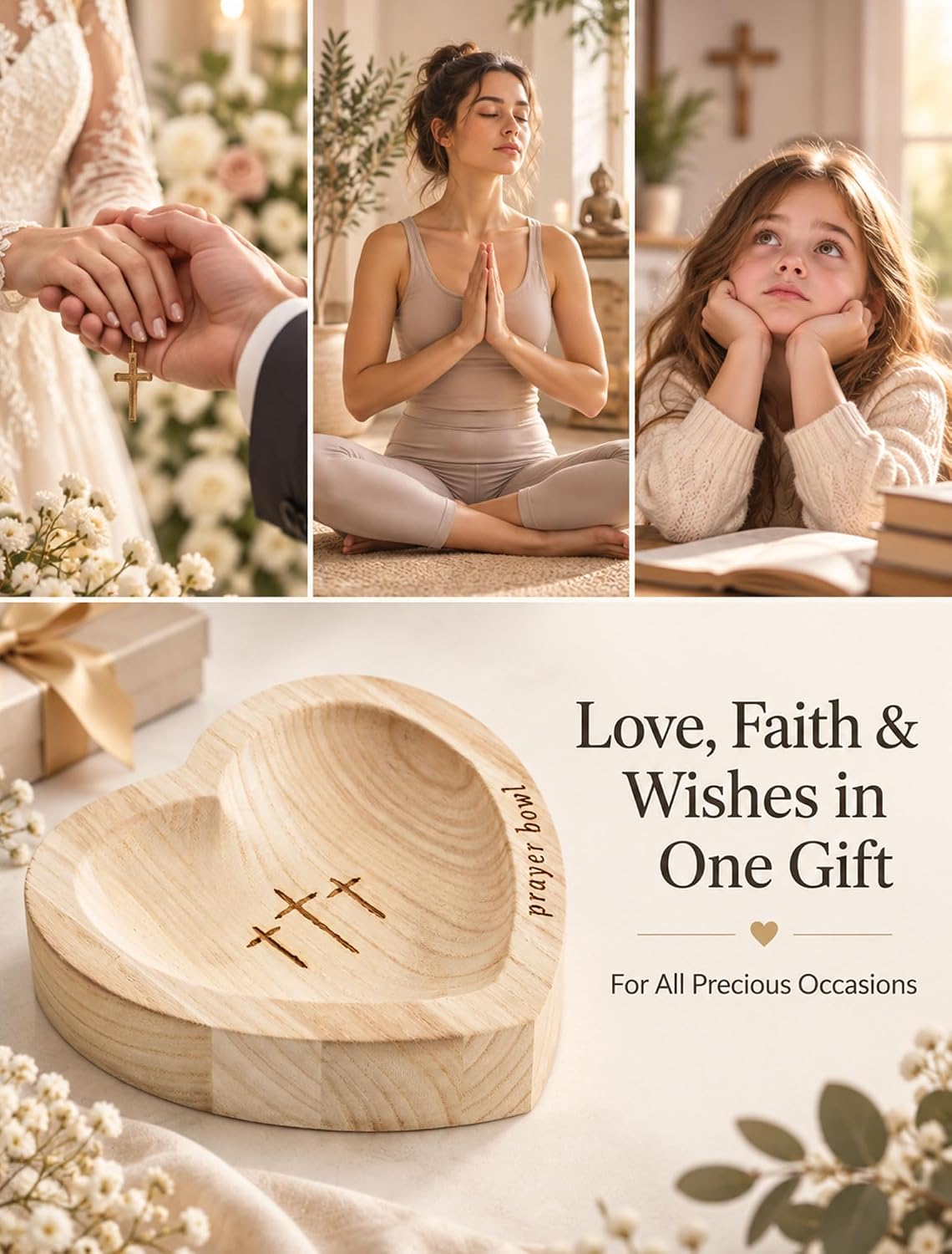 Hanobe Wooden Heart-Shaped Prayer Bowl with Cross Engraved & 25 Cards Sets