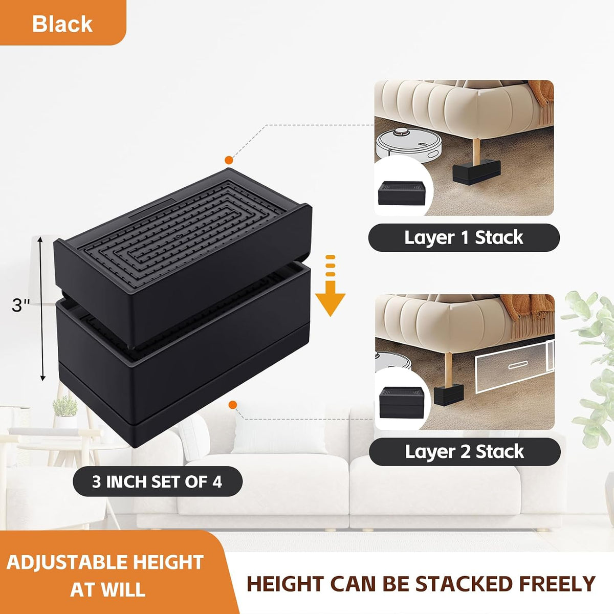 Bed Risers, Furniture Risers 3 inch, Heavy Duty Raise Blocks for Bed Couch Desk Sofa Table, Adjustable Lifters Support up to 1300 Lbs (Black, 4 Pack Set)