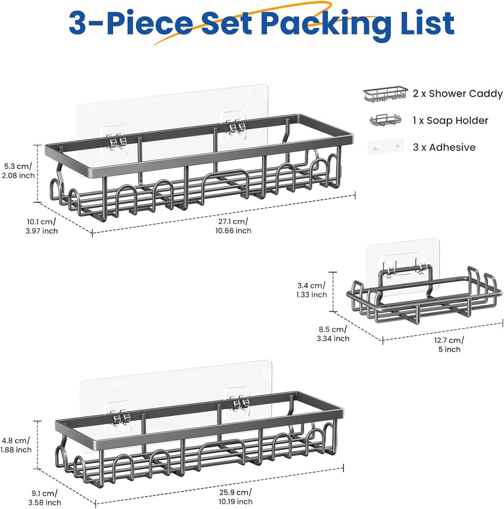 PKBD Shower Caddy, 3 Pack Shower Shelves with Large Capacity, Gray