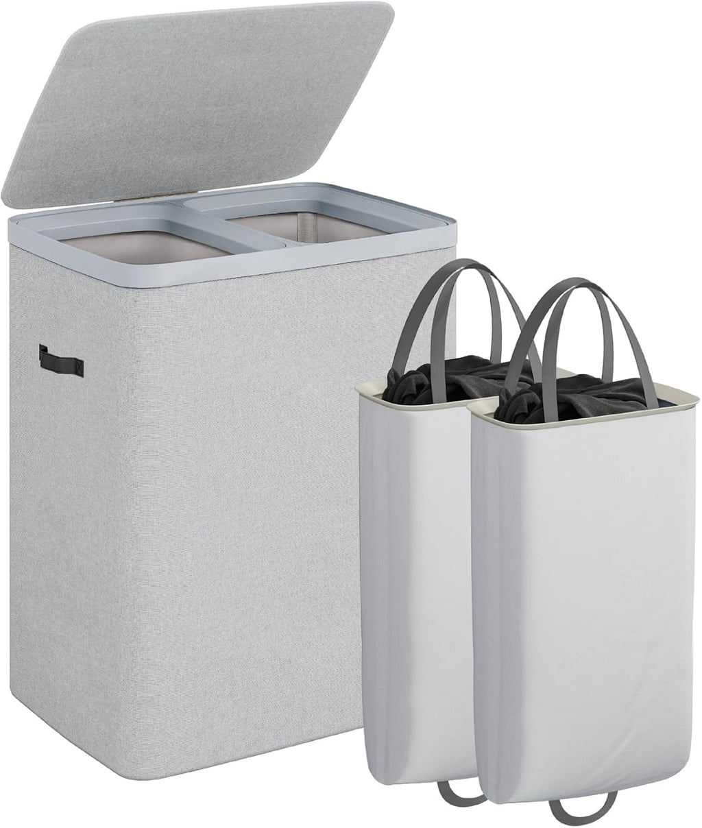 CASAMAYA Laundry Basket with Lid, Laundry Hamper 2 Section, 170L collapsible Laundry Organizer, Easy Assembly, with Handles and Removable Liners, 22 x 15.7 x 29.5 Inches, Gray JSP903G