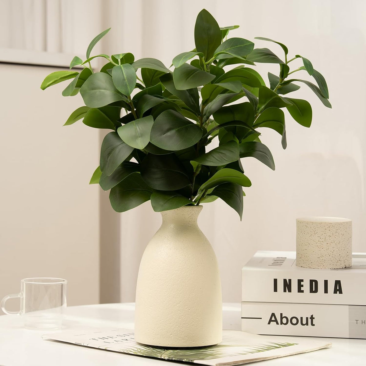 Artificial Eucalyptus Stems in White Matte Resin Vase,Realistic Greenery 16" Faux Plant Arrangements Home Decor Weddings Centerpieces