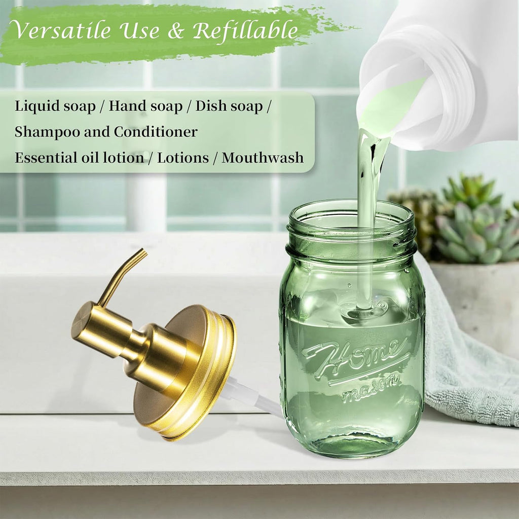 Amolliar Green Glass Mason Jar Liquid Soap Dispenser, 16OZ, Gold 2 Pack