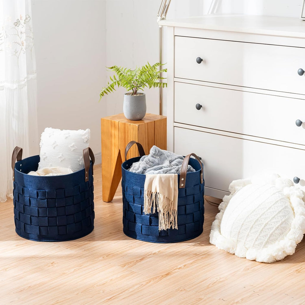 BOLDMONKEY Blankets Basket 15" x15 " x13 " 2 Pack, Felt Storage Baskets for Organizing Round, Living Room Dog Toy Bin for Dirty Clothes, Pillows, Towel-Navy Blue