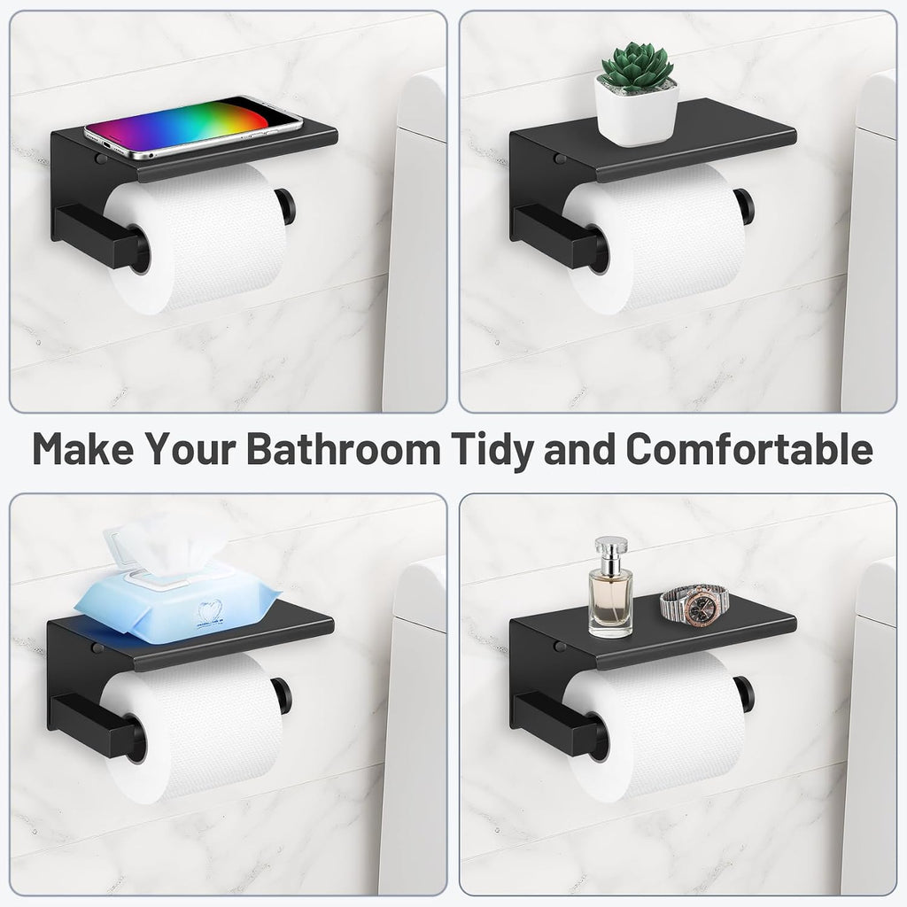 TURS 5-Pieces Matte Black Bathroom Hardware Set 23.6 Inch SUS304 Stainless Steel Towel Bar Set Wall Mounted Square Toilet Paper Holder with Shelf