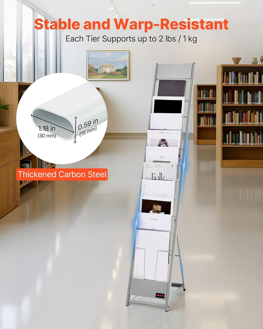 VEVOR Brochure Display Rack, 10 Pockets Magazine Literature Display Stand, Portable Floor Standing Magazine Rack, Metal Newspaper Catalog Holders for Shop, Exhibitions, Office, Trade Show, Silver