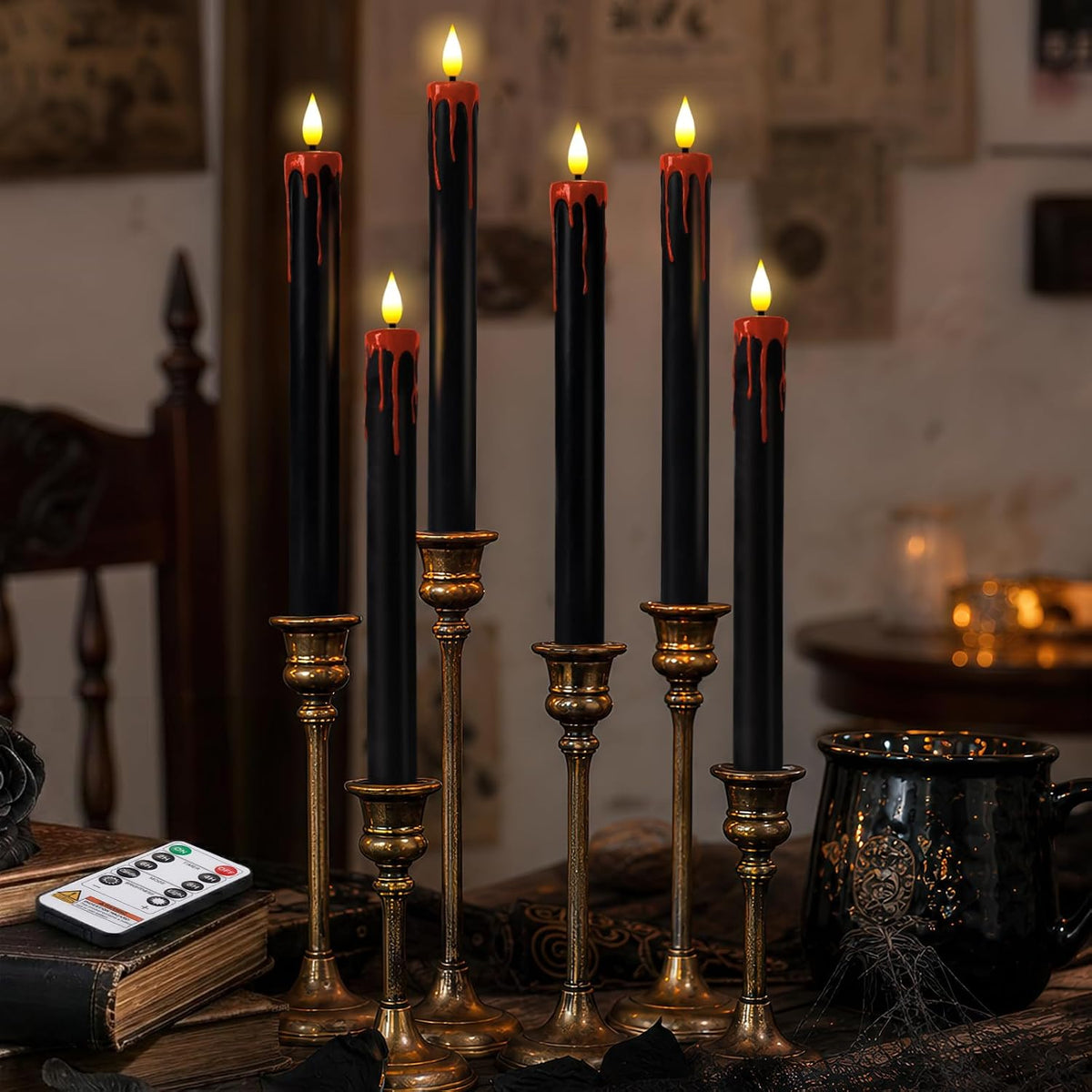 Homemory Black Bleeding Real Wax Flameless Taper Candles, 9.6 Inch Battery Operated LED Candlesticks with Remote Control and Timer, Realistic Dripless for Halloween Spooky Dark Decor 6 Pack