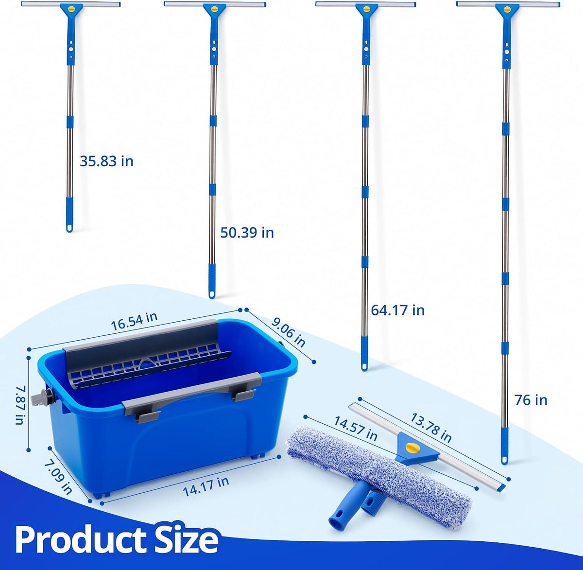 Window Cleaning Kit with Bucket, 76" Extension Pole, Squeegee & Scrubber