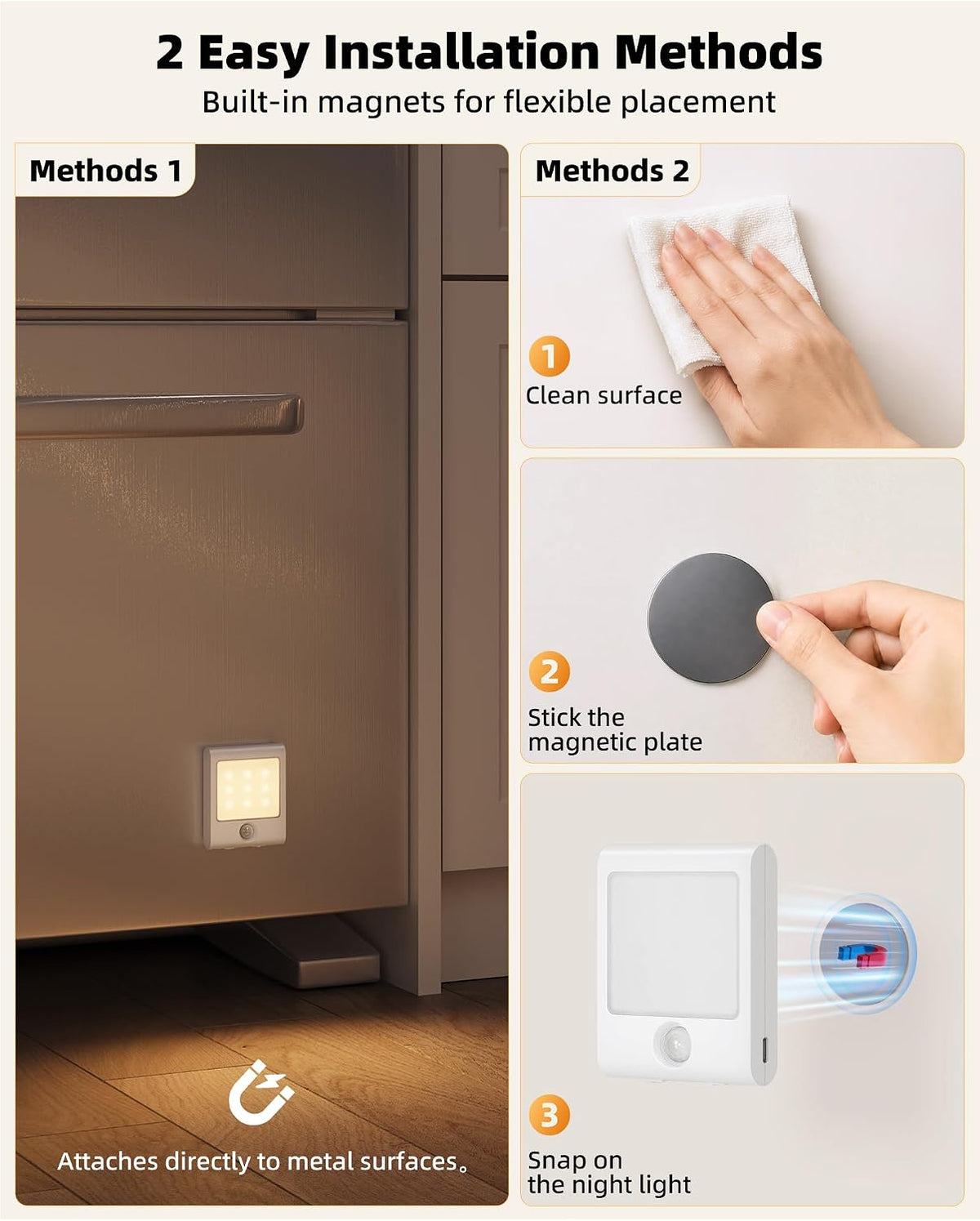 EZVALO Rechargeable Battery Night Light with Motion Sensor, Stick-On LED Stair Light with 3 Color Temps, Magnetic, Dimmable, Portable Mini Closet Lights for Staircase, Bathroom, Hallway (6 Pack)