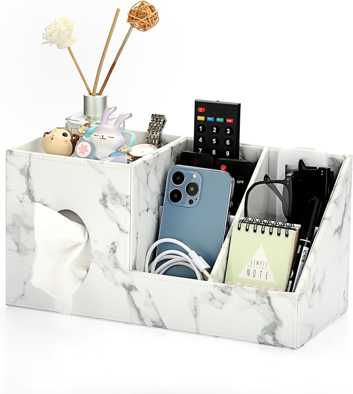 Sumnacon Square Tissue Box Cover with Side and Top Organizer, Faux Leather