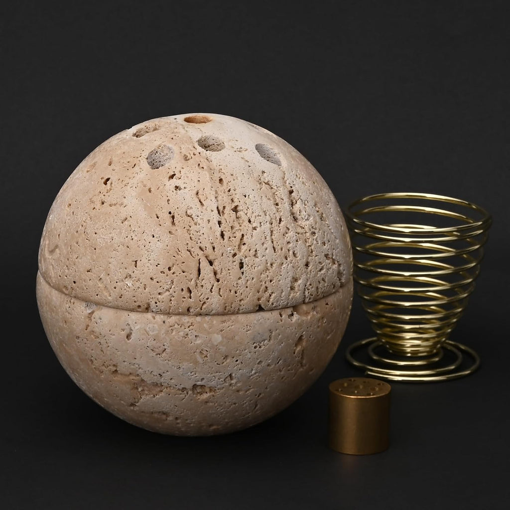 Handmade Travertine Stone Incense Resin Burner Holder – Natural Stone Incense Burner with Brass Insert for Home Decor & Relaxation