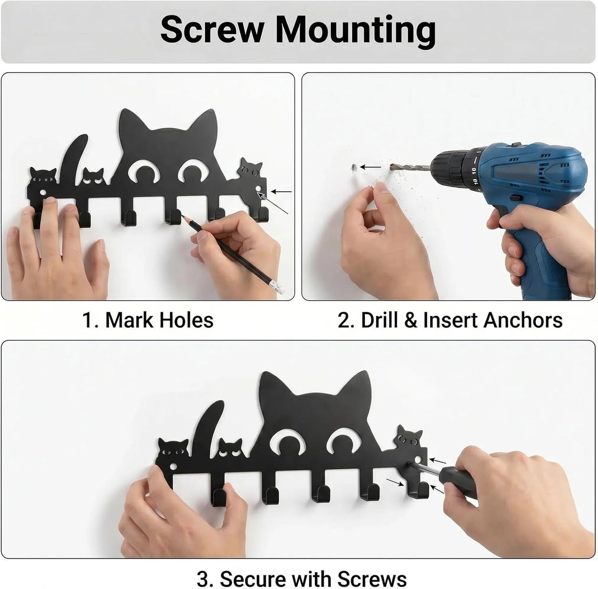 Cat Key Holder for Wall, 4-Cat Key Hanger with 8 Hooks