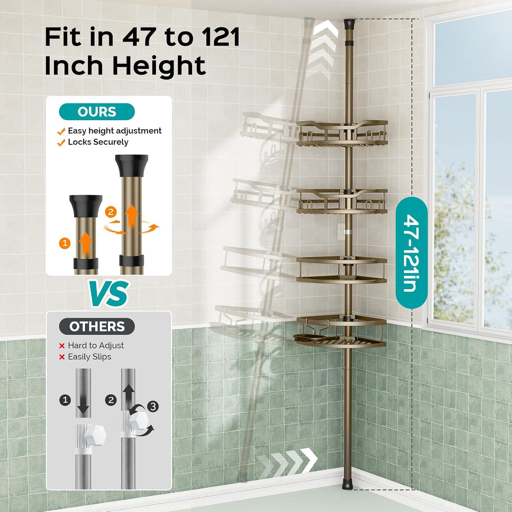 HAMITOR Shower Caddy Corner Tension Pole Adjustable No-Drill Bathroom Shelf