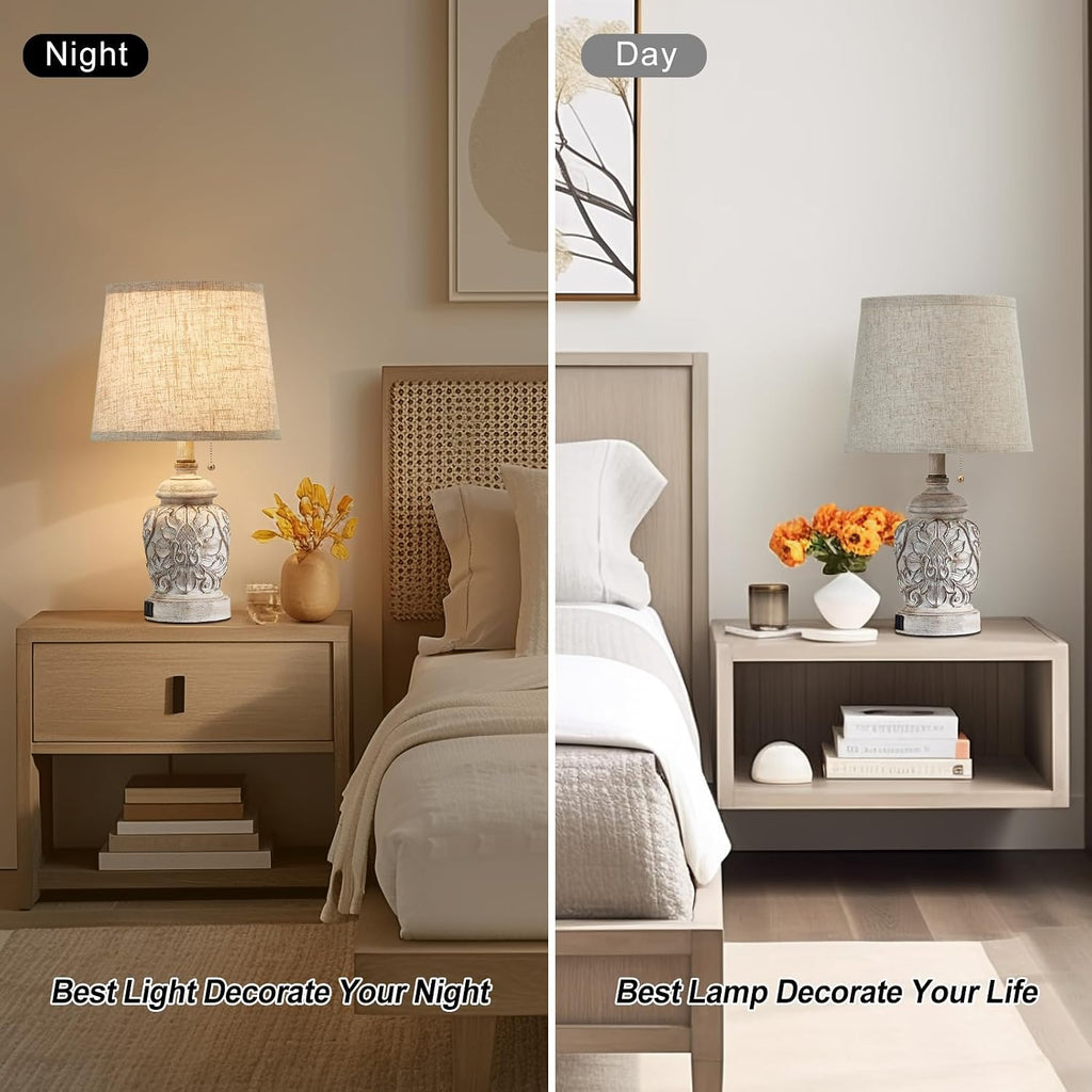 19.5" Vintage Rustic Table Lamp Set of 2 Farmhouse Table Lamps for Living Room Bedroom Decor with USB Ports Traditional Carved Floral White Bedside Night Light Lamps with Pull Chain Switch
